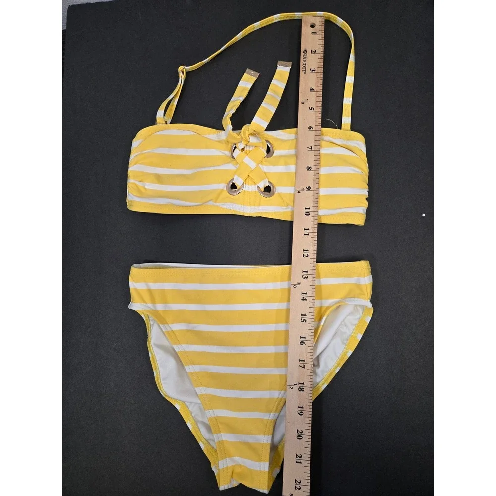 Michael Kors Striped Lace Up Bandeau High Waist Bikini Set Yellow White XS